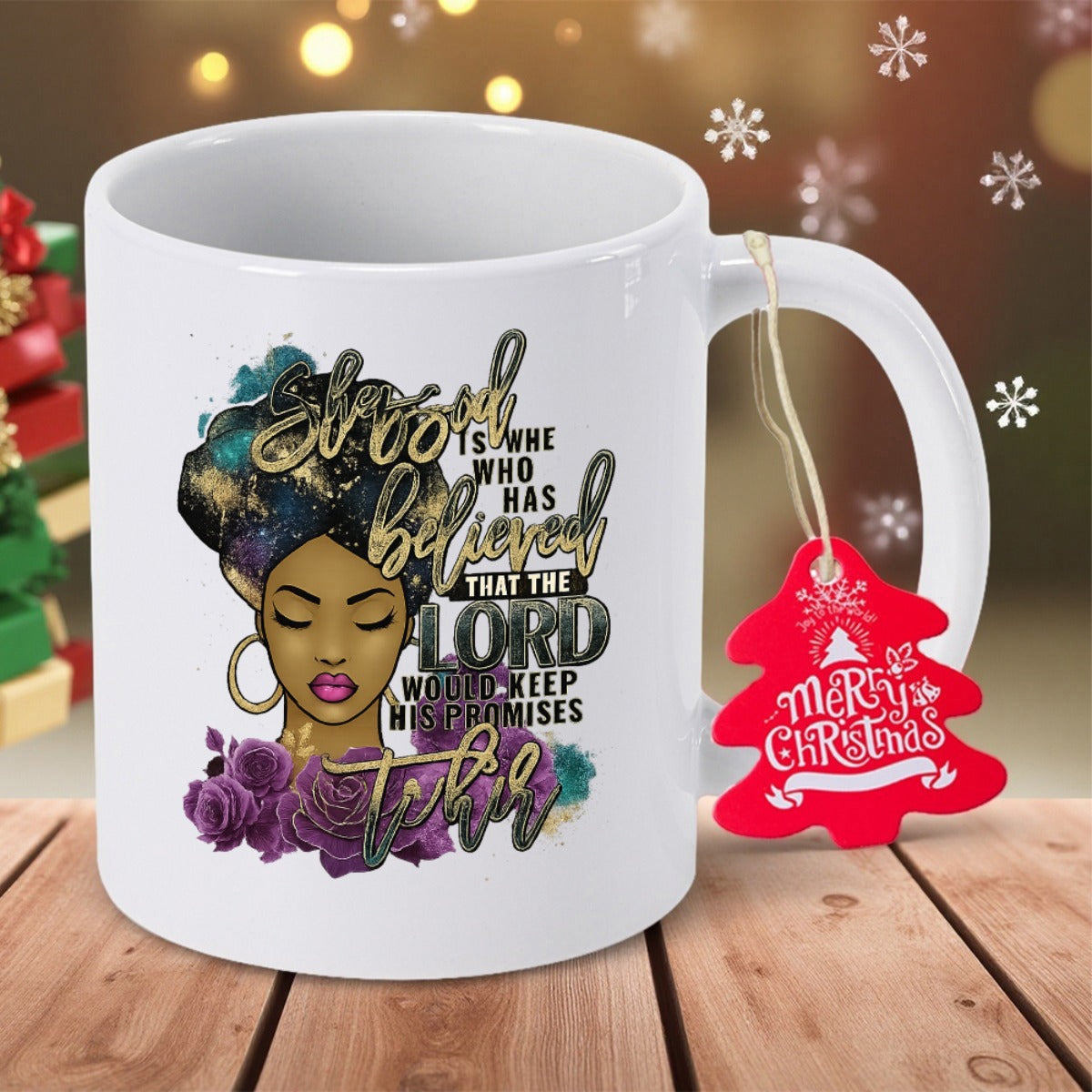 Tailorly White Ceramic 11 oz Mug - Blessed Is She Who Has Believed That The Lord Would Keep His Promises To Her Elegant African American Lady With Colorful