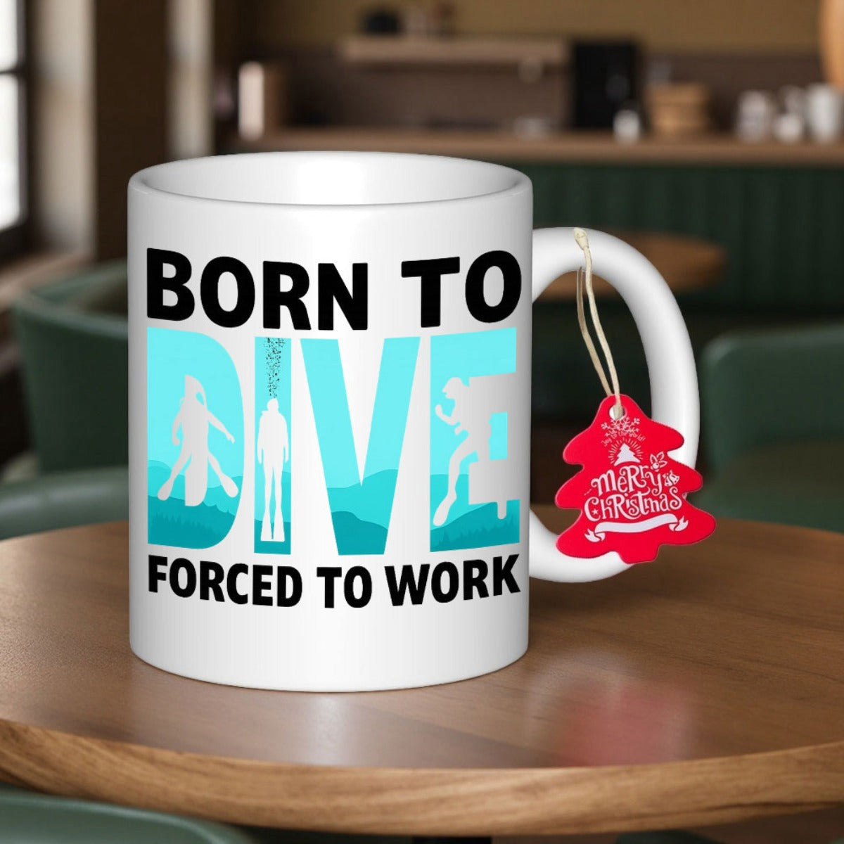Tailorly White Ceramic 11 oz Mug - Born To Dive Forced To Work Scuba Divers Swimming Gracefully Within Deep Blue Ocean Waves Diver