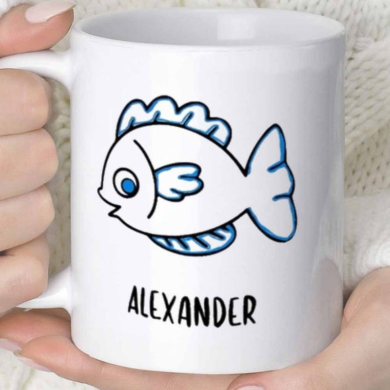 Tailorly White Ceramic 11 oz Mug - Alexander Hand Drawn Blue Fish Swimming On Clean White Surface Fish