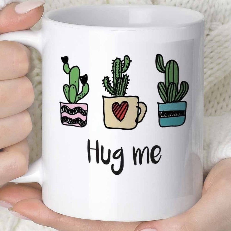 Tailorly White Ceramic 11 oz Mug - Hug Me Three Charming Potted Green Plants Set In Colorful Decorative Cups Cactus