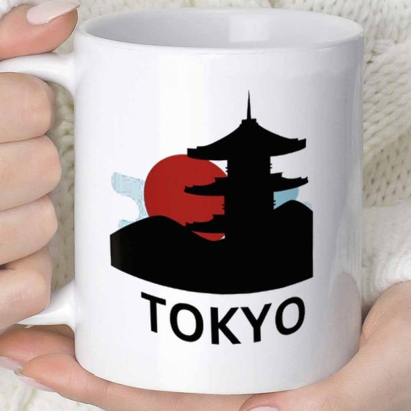 Tailorly White Ceramic 11 oz Mug - Tokyo Silhouette Of Traditional Architecture Under Red Sun With Blue Brush Stroke Pagoda