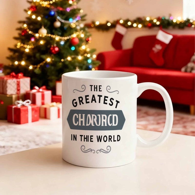 Tailorly White Ceramic 11 oz Mug - The Greatest In The World Simple Elegant Swirls With Dark Grey Hexagonal Banner Graphic Mug