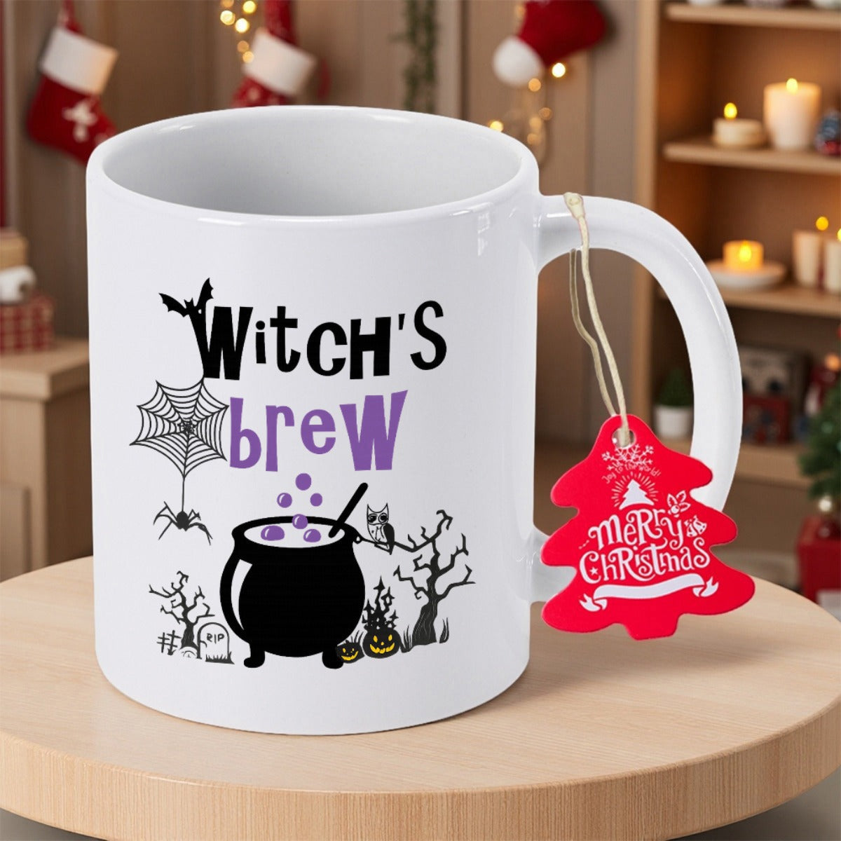Tailorly White Ceramic 11 oz Mug - Witch's Brew Spooky Bubbling Purple Potion With Bats Spiders And Graveyard Scenes Cauldron