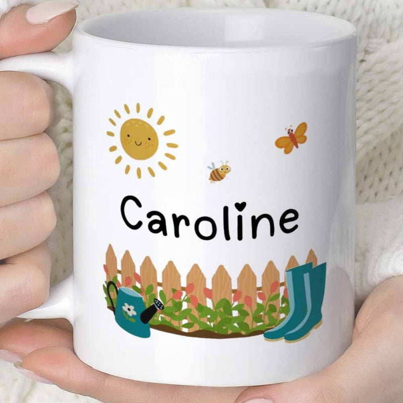 Tailorly White Ceramic 11 oz Mug - Caroline Smiling Sun And Butterfly Over A Picket Fence With Boots Garden