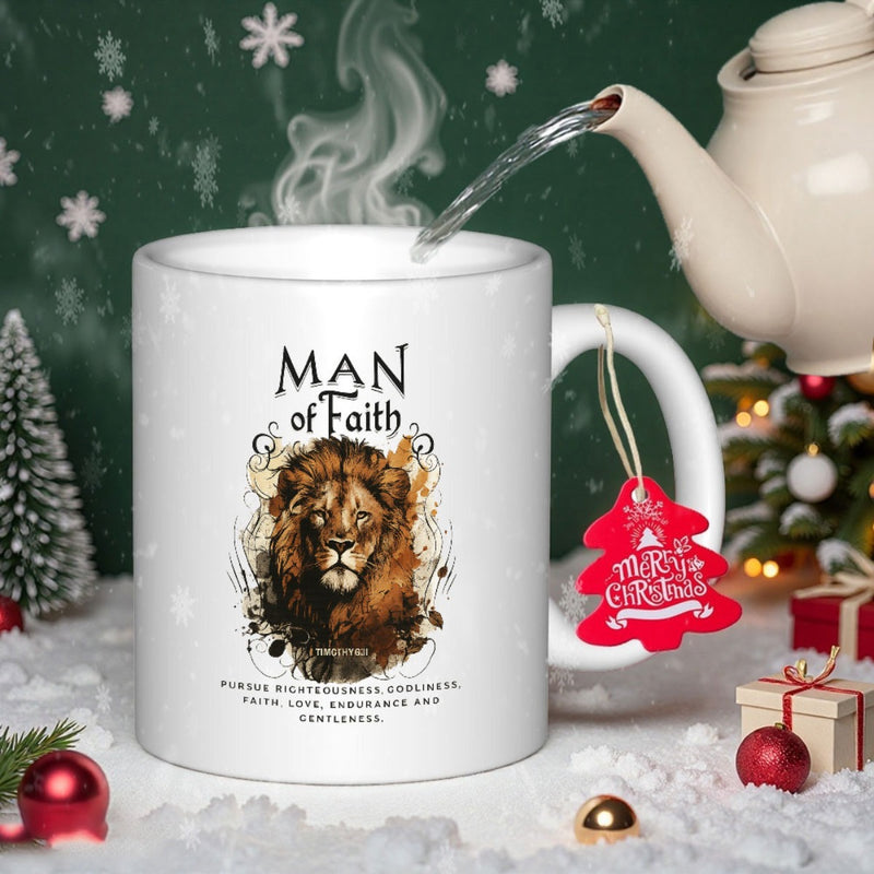 Tailorly White Ceramic 11 oz Mug - Man Of Faith Majestic Wild King Portrait With Detailed Golden Mane Lion