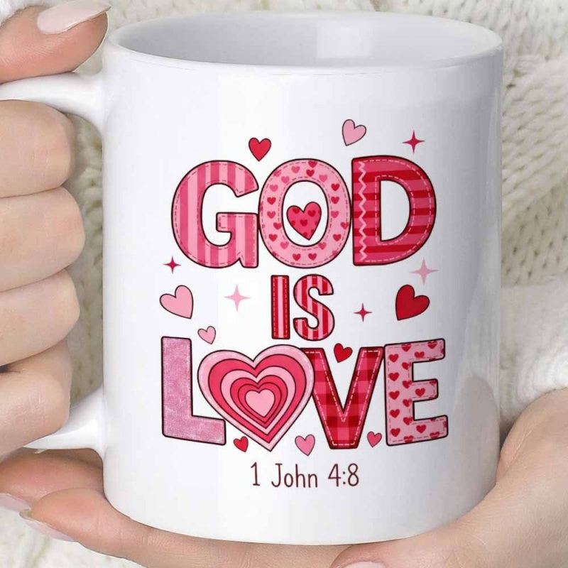 Tailorly White Ceramic 11 oz Mug - God Is Love 1 John 4 8 Decorative Patterned Pink Graphics With Stripes And Polka Dots Sweet Valentine Heart