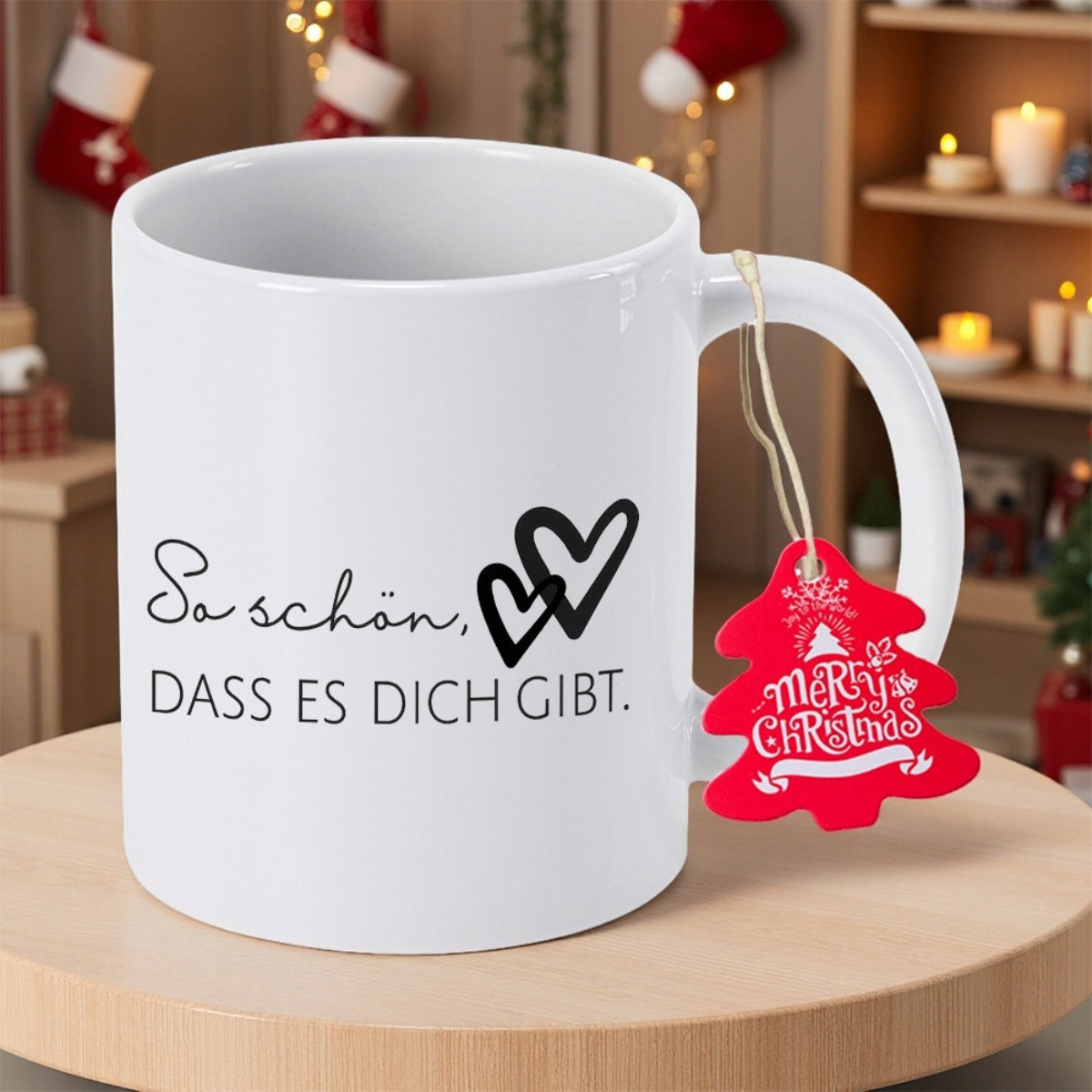 Tailorly White Ceramic 11 oz Mug - Merry Christmas Elegant Simple Double Outlined Black Figures Floating On Smooth Heart