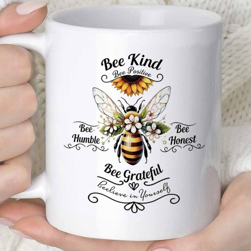 Tailorly White Ceramic 11 oz Mug - Bee Kind Bee Positive Bee Humble Bee Honest Bee Grateful Believe In Yourself Detailed Honey Bee With Sunflowers And Delicate