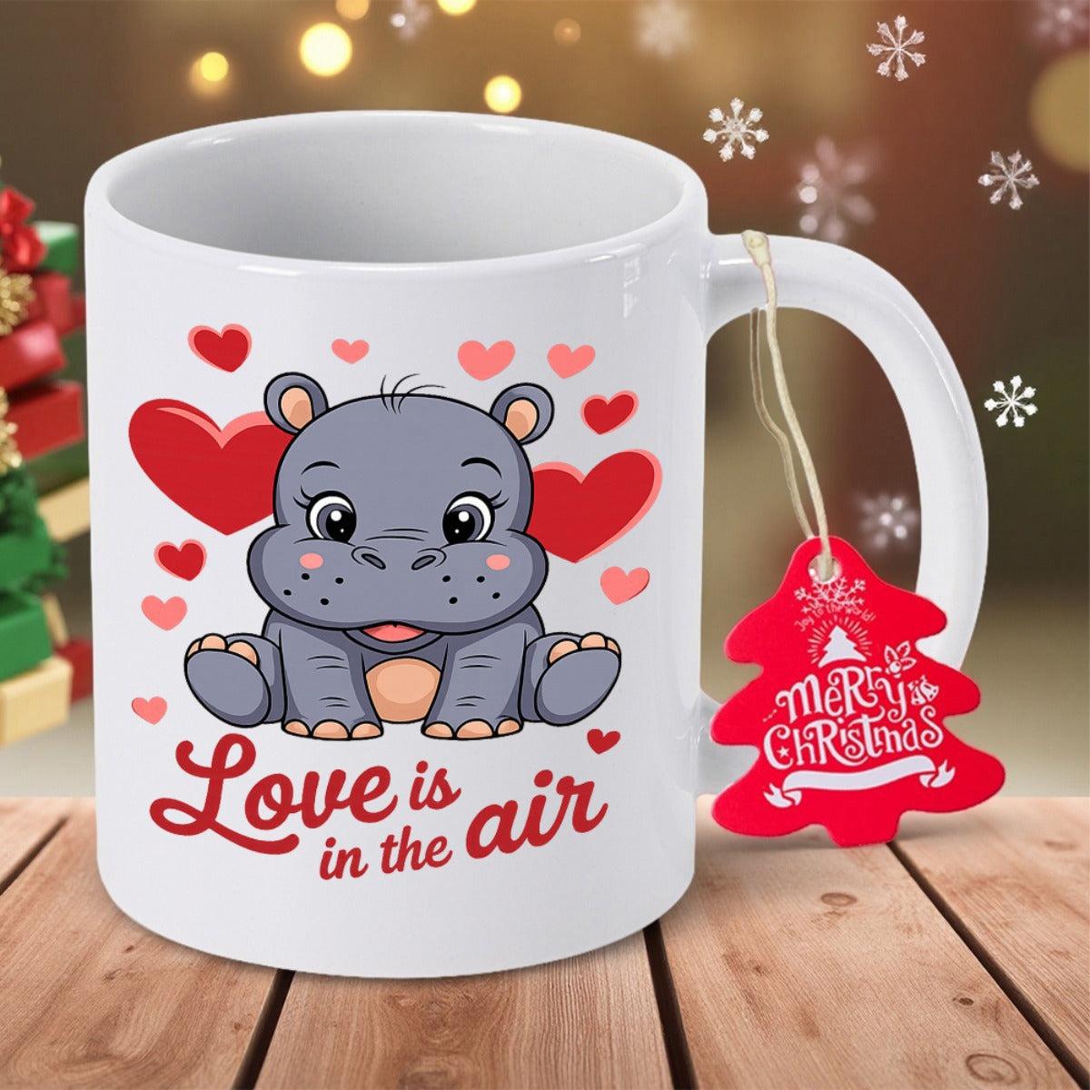 Tailorly White Ceramic 11 oz Mug - Love Is In The Air Adorable Baby Animal Sitting Among Beautiful Red Hearts Hippo