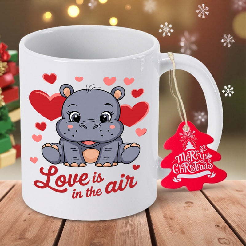 Tailorly White Ceramic 11 oz Mug - Love Is In The Air Adorable Baby Animal Sitting Among Beautiful Red Hearts Hippo