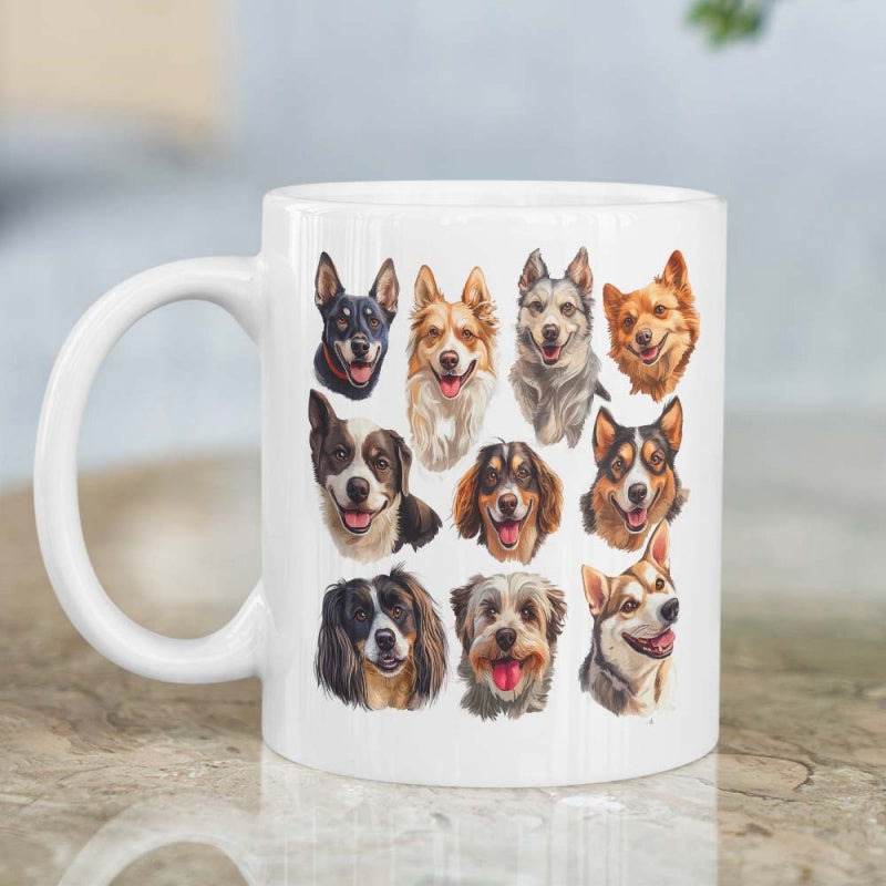 Tailorly White Ceramic 11 oz Mug - Realistic Illustrations Of Different Canine Friends Smiling In Artistic Portraits Dog