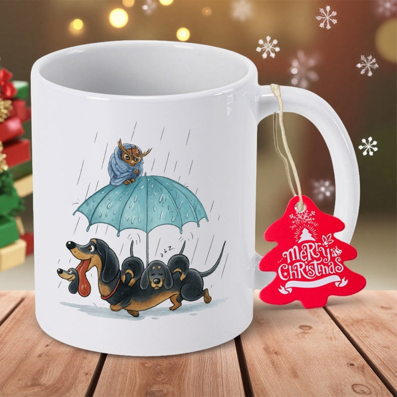 Tailorly White Ceramic 11 oz Mug - Merry Christmas Adorable Huddled Puppies Beneath A Teal Umbrella Sheltering From Rain Dachshund