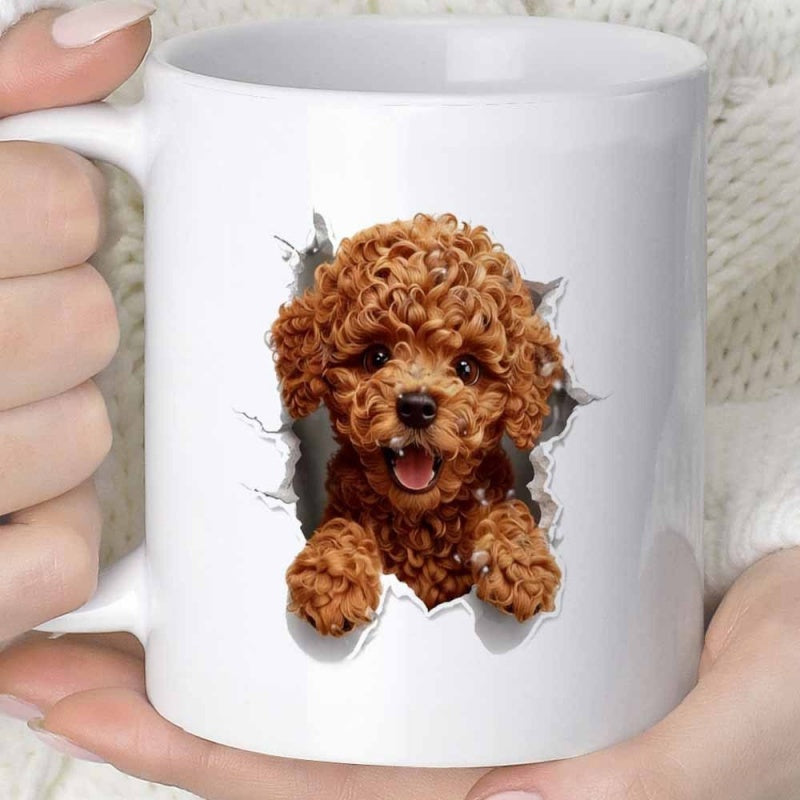 Tailorly White Ceramic 11 oz Mug - Brown Curly Puppy Peeking Through A Realistic Torn White Paper Hole Poodle