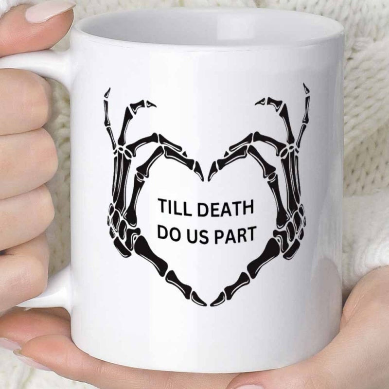 Tailorly White Ceramic 11 oz Mug - Till Death Do Us Part Two Black Bone Hands Forming Heart Shape Skeleton