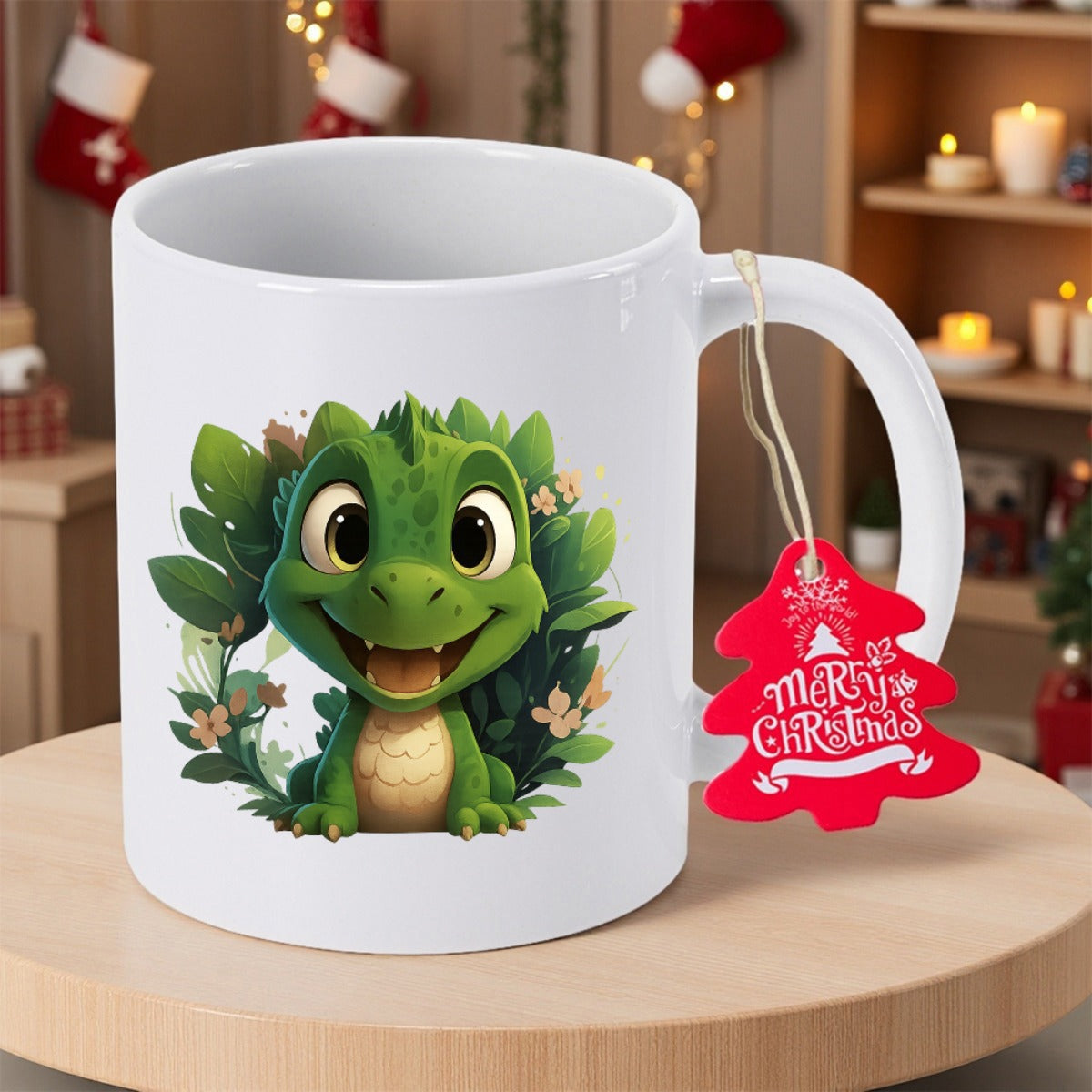 Tailorly White Ceramic 11 oz Mug - Merry Christmas Adorable Tiny Green Creature Sitting Among Lush Forest Leaves And Flowers Dragon