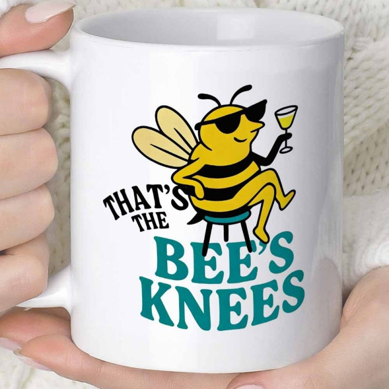 Tailorly White Ceramic 11 oz Mug - Thats The Bees Knees Cool Cartoon Character Wearing Dark Sunglasses Holding Small Martini Glass Bee