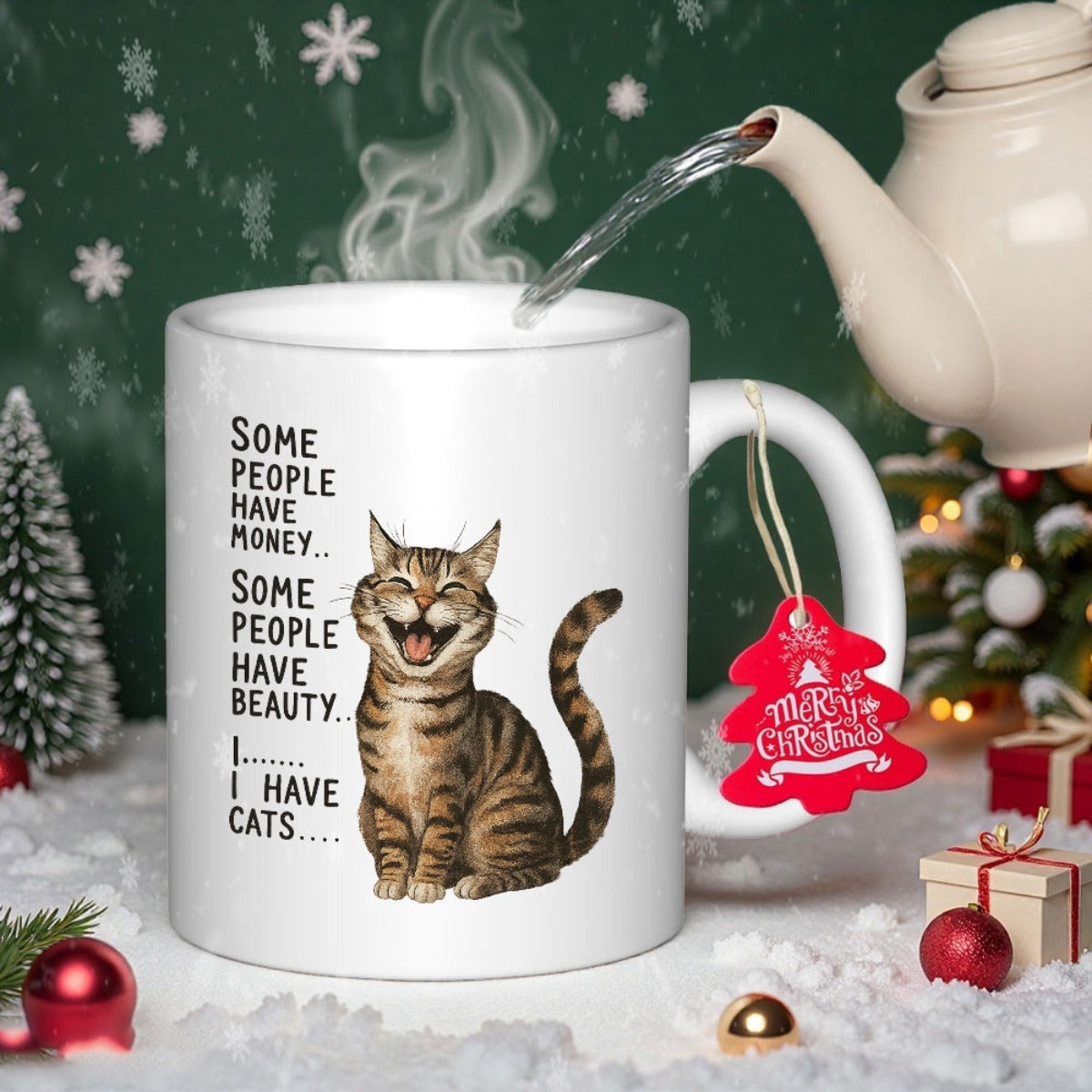 Tailorly White Ceramic 11 oz Mug - Some People Have Money Some People Have Beauty I Have Cats Adorable Laughing Tabby Cat Sitting On Snowy Background With