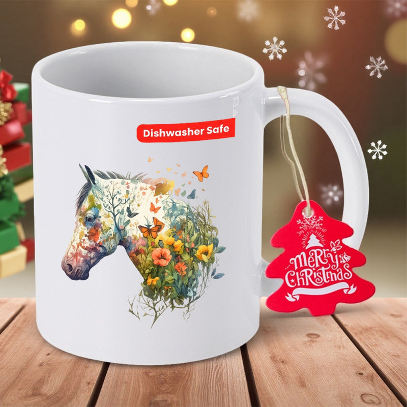 Tailorly White Ceramic 11 oz Mug - Merry Christmas Artistic Animal Silhouette Filled With Colorful Floral Blooms And Delicate Butterflies Horse
