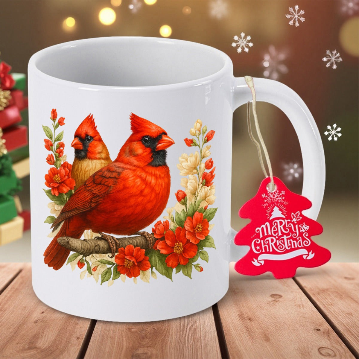 Tailorly White Ceramic 11 oz Mug - Merry Christmas Vibrant Red Cardinals Perched On A Branch Surrounded By Seasonal Flowers Cardinal