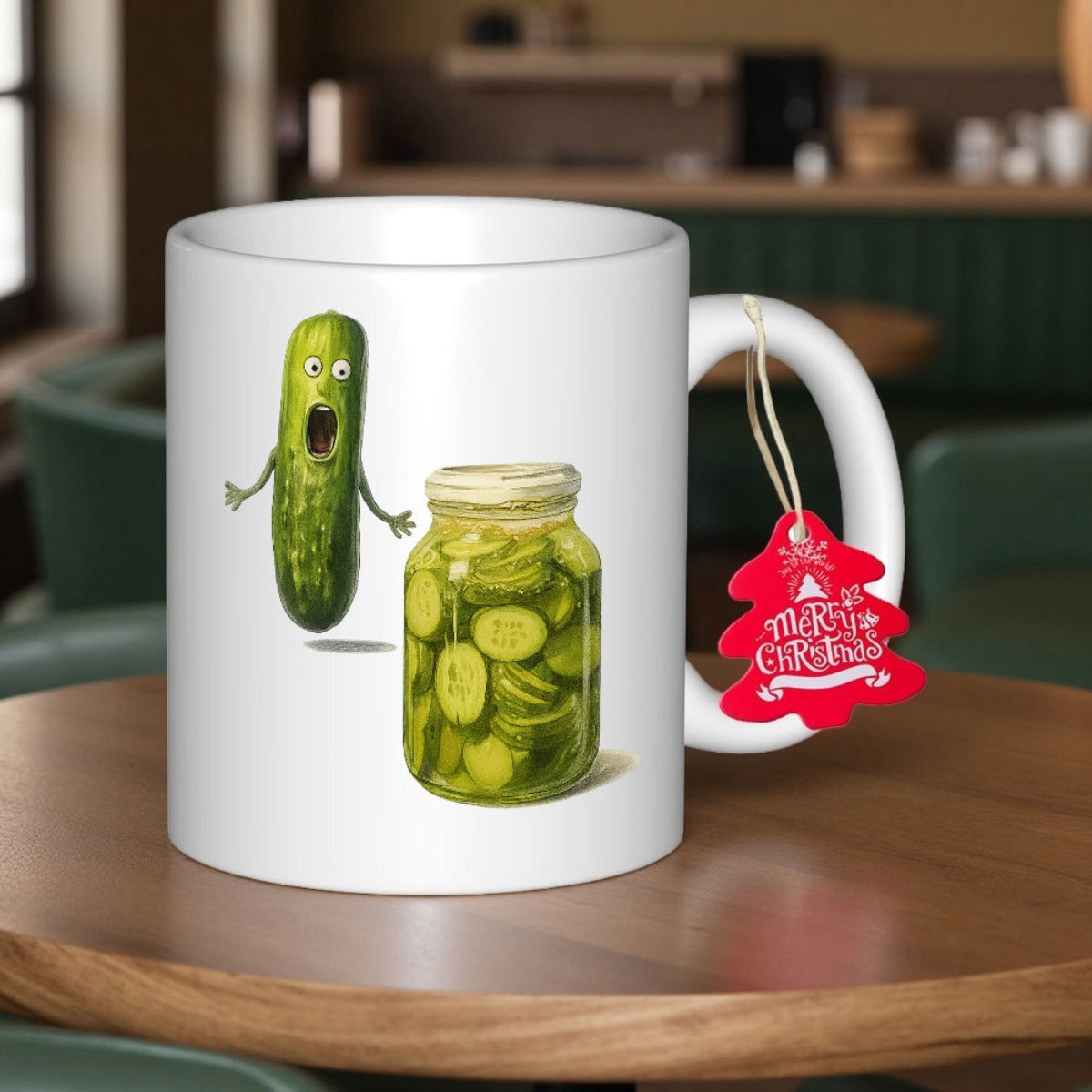 Tailorly White Ceramic 11 oz Mug - Shocked Cartoon Vegetable Standing Beside Sliced Preserved Glass Jar Pickle