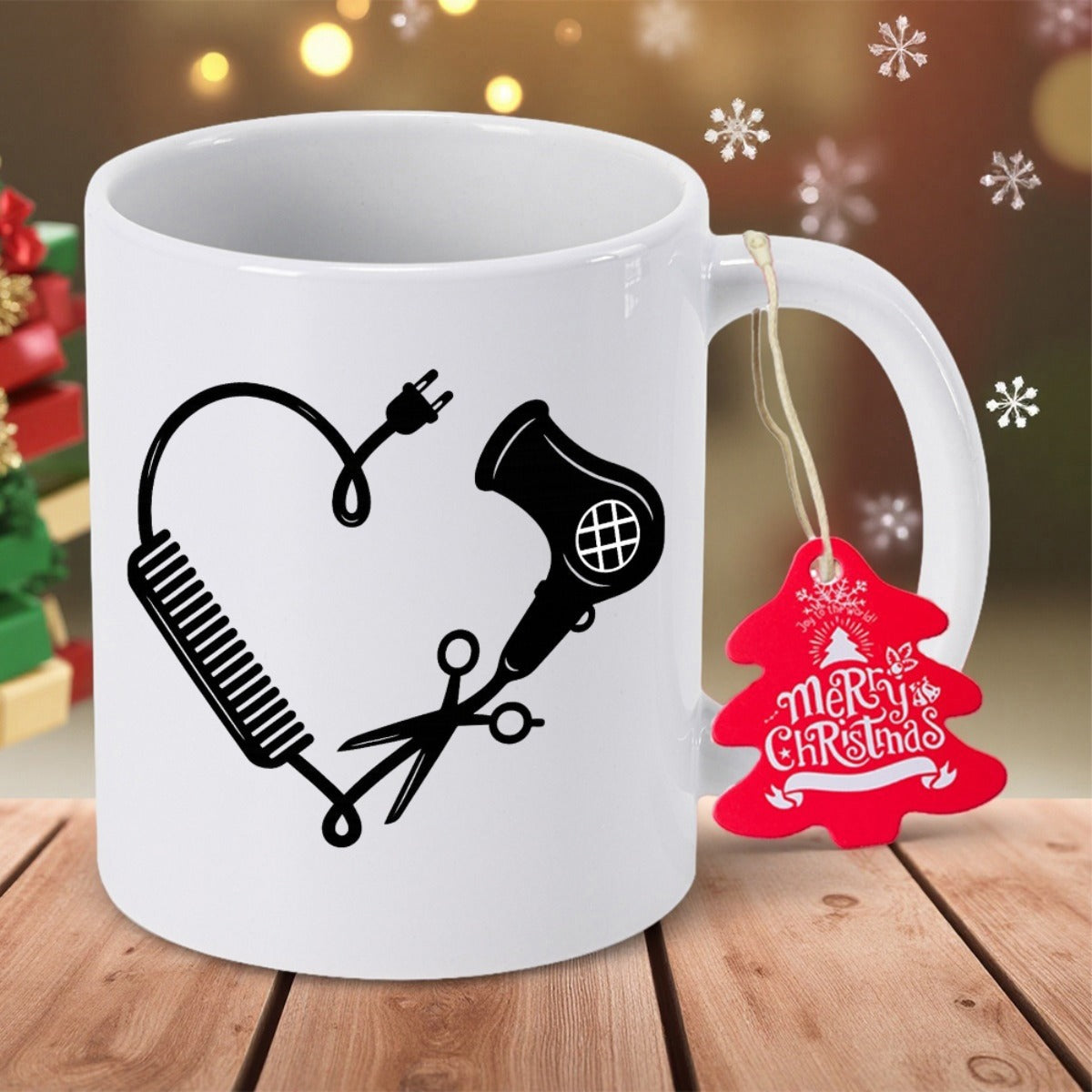 Tailorly White Ceramic 11 oz Mug - Merry Christmas Professional Barber Tools Forming A Creative Decorative Silhouette Style Heart