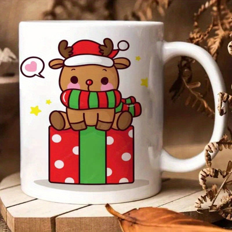 Tailorly White Ceramic 11 oz Mug - Adorable Festive Cartoon Character Sitting On Polka Dot Christmas Gift Reindeer