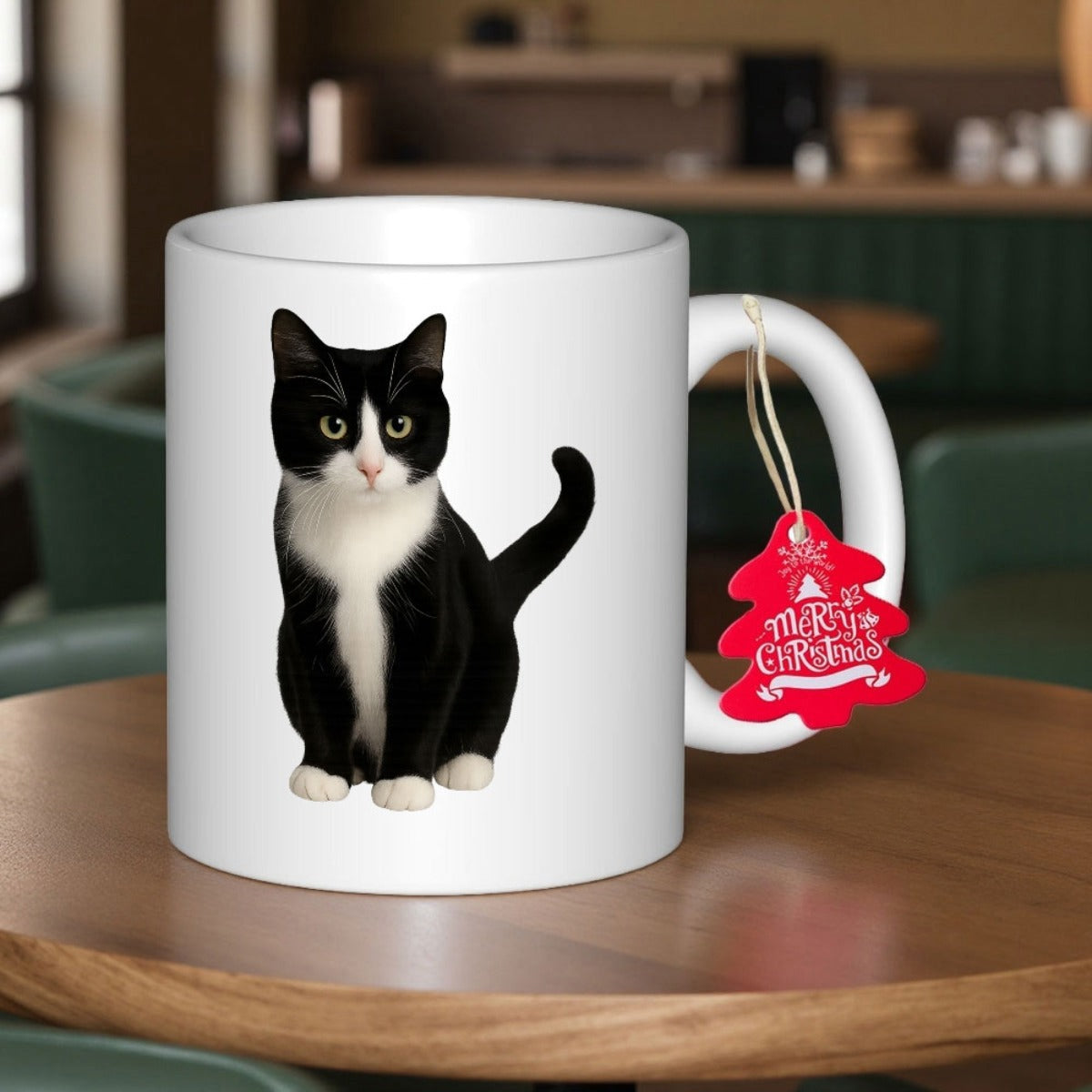 Tailorly White Ceramic 11 oz Mug - Merry Christmas Charming Tuxedo Black And White Kitten Sitting Calmly On White Background Cat