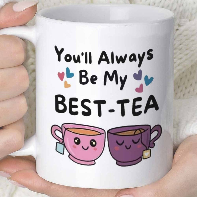 Tailorly White Ceramic 11 oz Mug - You'll Always Be My Best Tea Charming Kawaii Cartoon Style Teacups With Heart Accents And Tea Bags Teacups