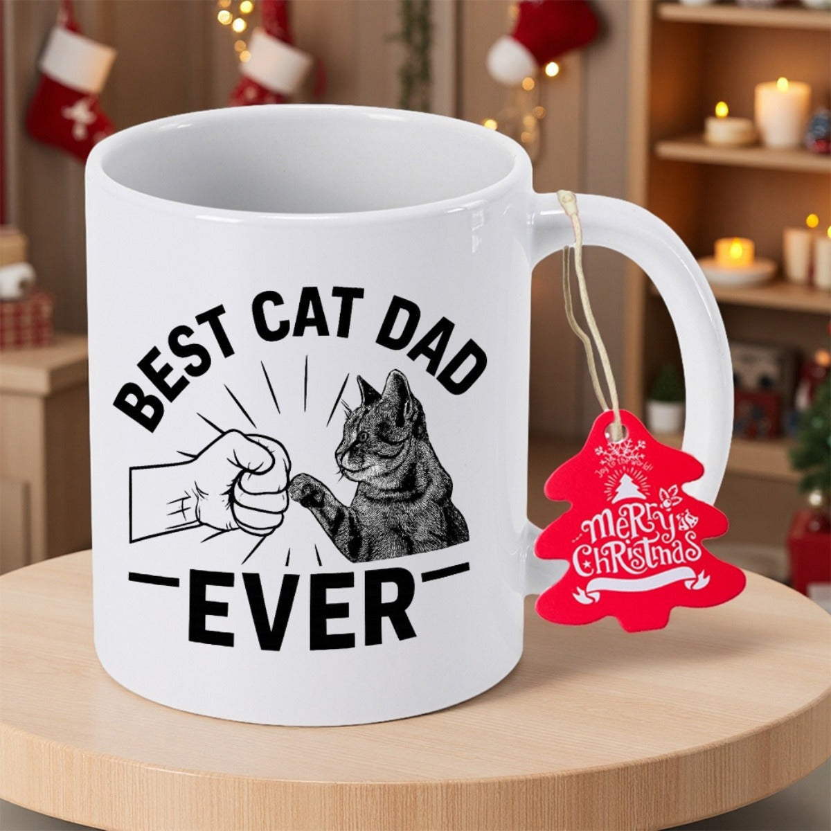 Tailorly White Ceramic 11 oz Mug - Best Cat Dad Ever Whimsical Illustration Of Human Fist Bumping A Small Furry Paw Cat