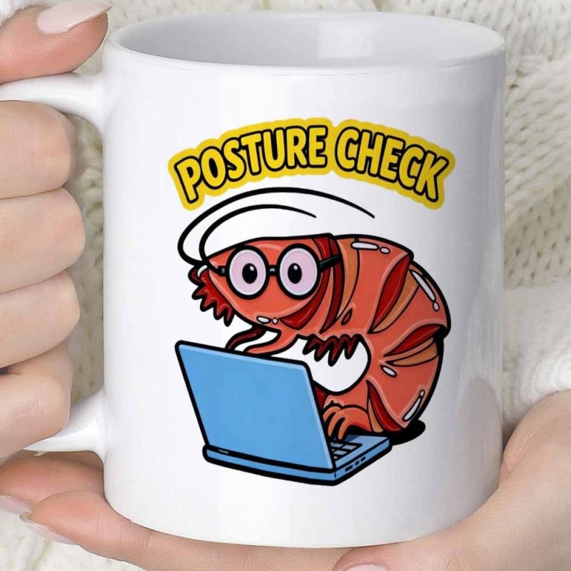 Tailorly White Ceramic 11 oz Mug - Posture Check Cartoon Crustacean With Glasses Working On A Blue Laptop Shrimp