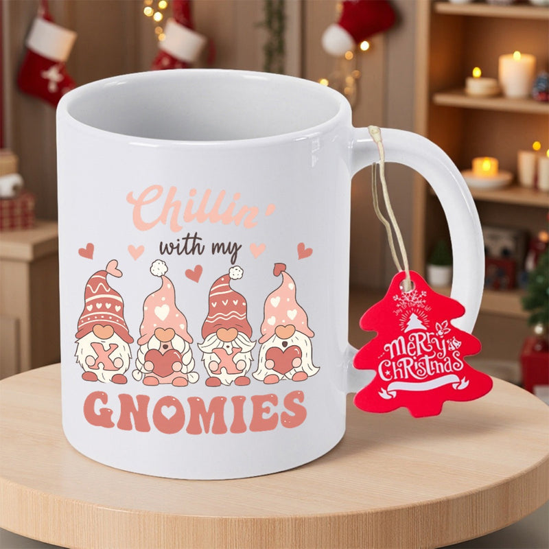 Tailorly White Ceramic 11 oz Mug - Chillin With My Gnomies Four Adorable Festive Characters With Heart Patterns And Decorative Conical Hats Gnome