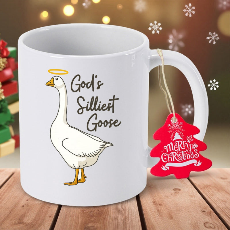 Tailorly White Ceramic 11 oz Mug - Gods Silliest Goose Festive White Goose With Golden Halo Standing Peacefully Goose