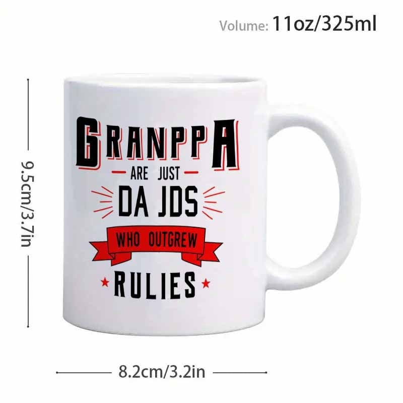 Tailorly White Ceramic 11 oz Mug - Granppa Are Just Dads Who Outgrew Rules Bold Typography With Artistic Red Ribbon Banner And Small Star Accents Sign