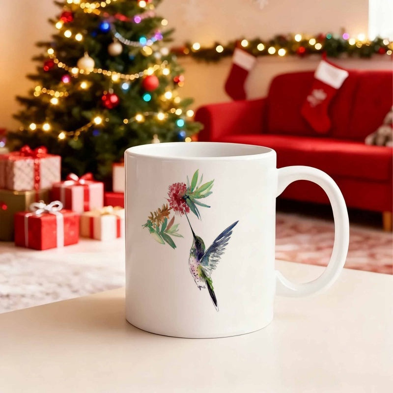 Tailorly White Ceramic 11 oz Mug - Graceful Tiny Bird Feeding From Delicate Pink Flower Among Leaves Hummingbird