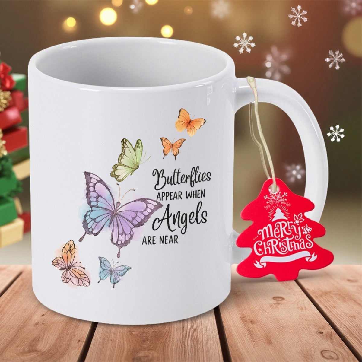 Tailorly White Ceramic 11 oz Mug - Butterflies Appear When Angels Are Near Colorful Winged Insects Fluttering Gracefully Beside Beautiful Script Lettering