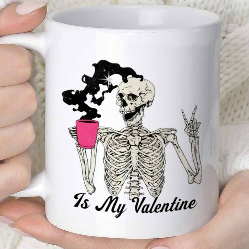 Tailorly White Ceramic 11 oz Mug - Is My Valentine Detailed Anatomical Form Holding Pink Cup With Rising Dark Smoke Skeleton