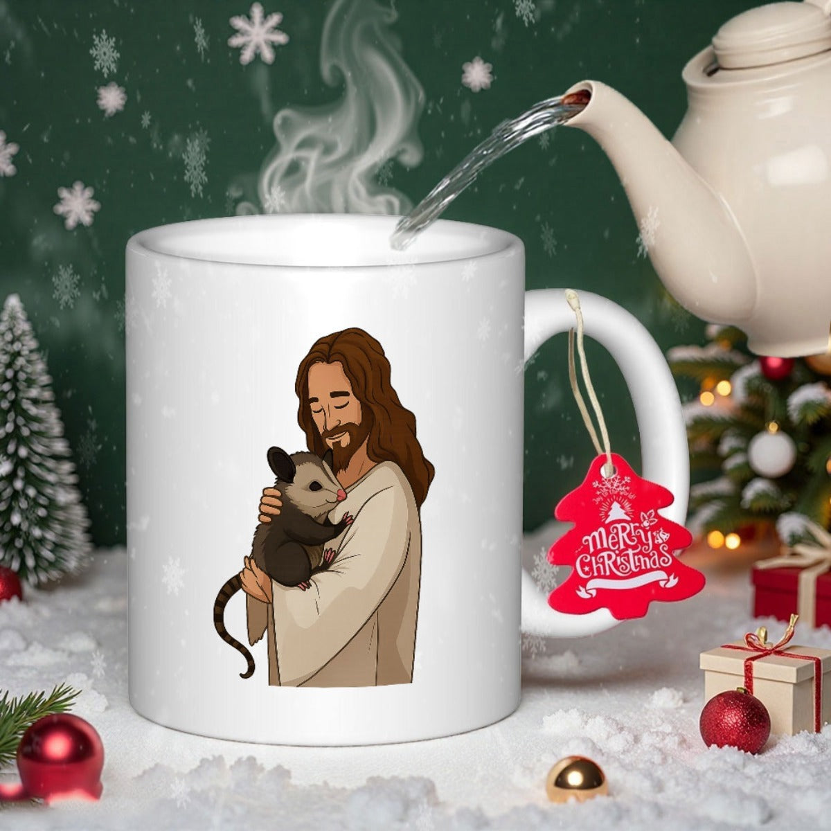 Tailorly White Ceramic 11 oz Mug - Gentle Religious Figure In Robe Cradling A Small Wild Opossum