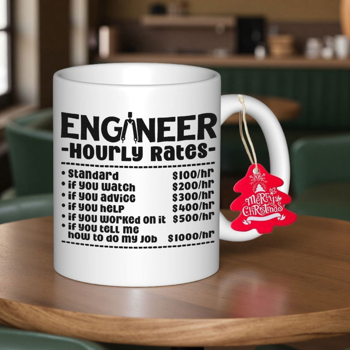 Tailorly White Ceramic 11 oz Mug - Engineer Hourly Rates Simple Black Text With Drafting Tool Graphic Mug