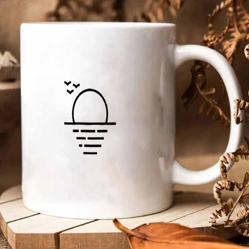 Tailorly White Ceramic 11 oz Mug - Minimalist Black Line Art Style Depicting Peaceful Setting Sun Over Ocean Sunset