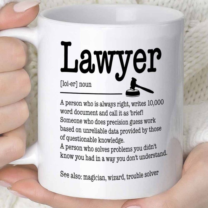 Tailorly White Ceramic 11 oz Mug - Lawyer Definition Minimalist Black Silhouette Of A Judge Wooden Legal Hammer Gavel