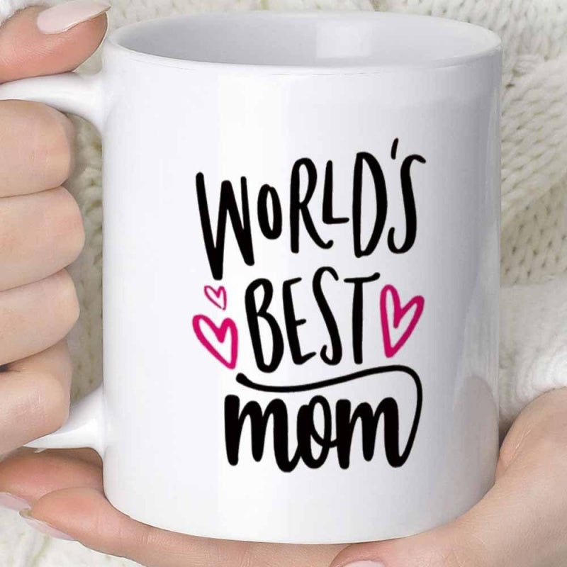 Tailorly White Ceramic 11 oz Mug - World's Best Mom Artistic Script Style Surrounded By Small Pink Outline Hearts Heart