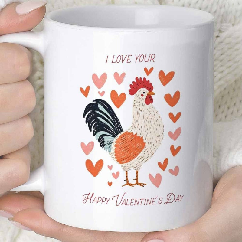 Tailorly White Ceramic 11 oz Mug - I Love Your Happy Valentines Day Festive Colorful Cockerel Surrounded By Floating Red Heart Shapes Rooster