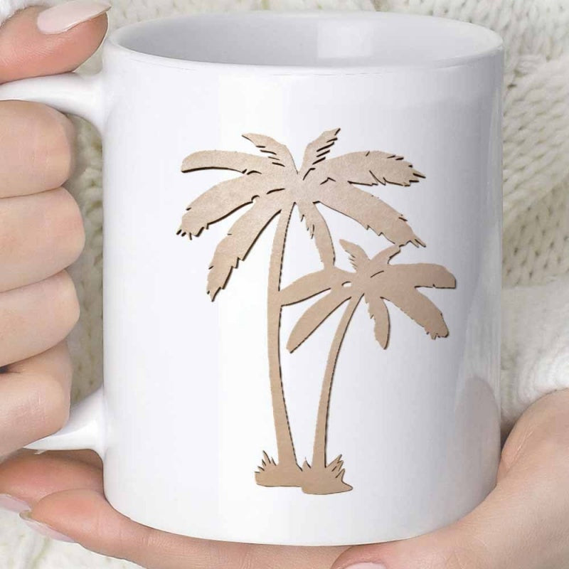 Tailorly White Ceramic 11 oz Mug - Minimalist Tropical Silhouette Of Two Reaching Palm Trees Standing Tall Palm Tree