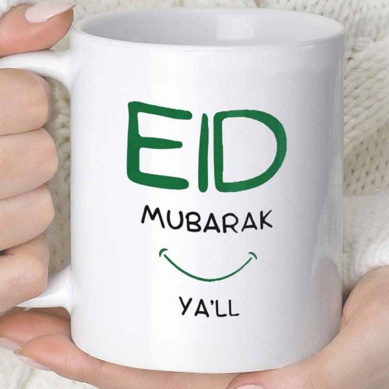 Tailorly White Ceramic 11 oz Mug - Eid Mubarak Ya'll Handwritten Green Letters Above A Minimalist Cheerful Curved Smile Graphic Mug