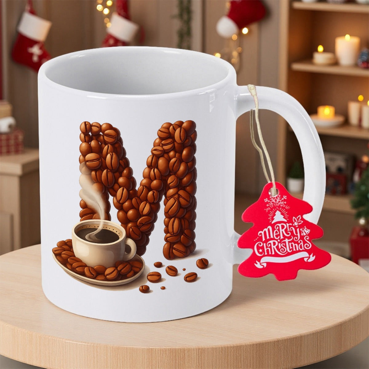 Tailorly White Ceramic 11 oz Mug - Merry Christmas Artistic Roasted Coffee Beans Forming The Large Alphabetical Letter