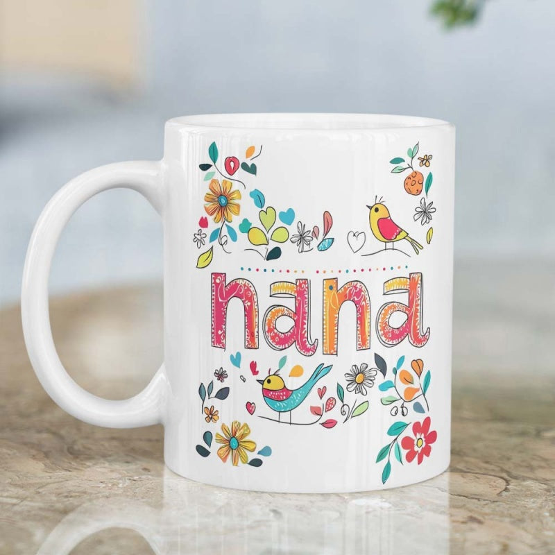 Tailorly White Ceramic 11 oz Mug - Nana Cheerful Hand Drawn Colorful Birds Amidst Vibrant Spring Garden Floral Arrangement Bird
