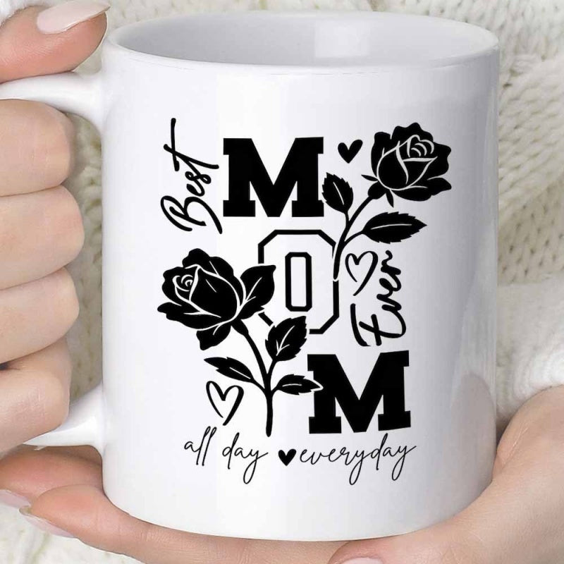 Tailorly White Ceramic 11 oz Mug - Best Mom Ever All Day Everyday Elegant Black Floral Rose Patterns With Delicate Tiny Heart Silhouettes Rose