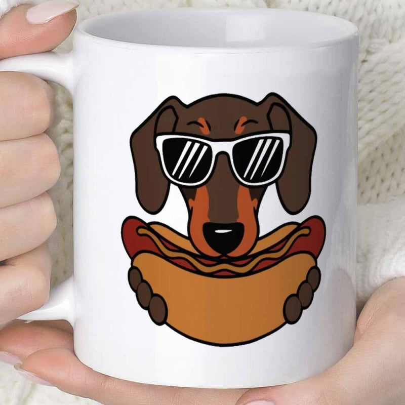 Tailorly White Ceramic 11 oz Mug - Cool Cartoon Dog Wearing Sunglasses Holding A Sizzling Tasty Hot Dog Dachshund