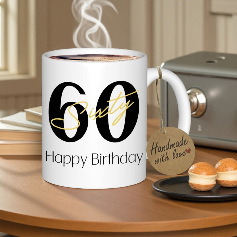 Tailorly White Ceramic 11 oz Mug - Sixty Happy Birthday Steaming Hot Drink On Wooden Table Near Small Sweet Cream Cookies Mug