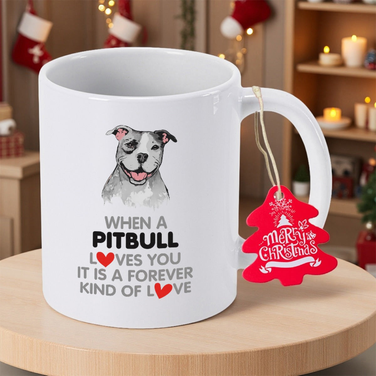 Tailorly White Ceramic 11 oz Mug - When A Pitbull Loves You It Is A Forever Kind Of Love Smiling Grey And White Dog Illustration With Two Small Red Hearts Pitbull